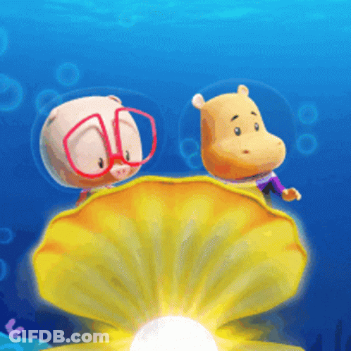 A Pig And A Hippo Are Looking At A Pearl In A Shell GIF
