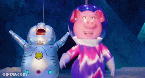 A Pig And A Robot Are Standing Next To Each Other In Space Suits . GIF