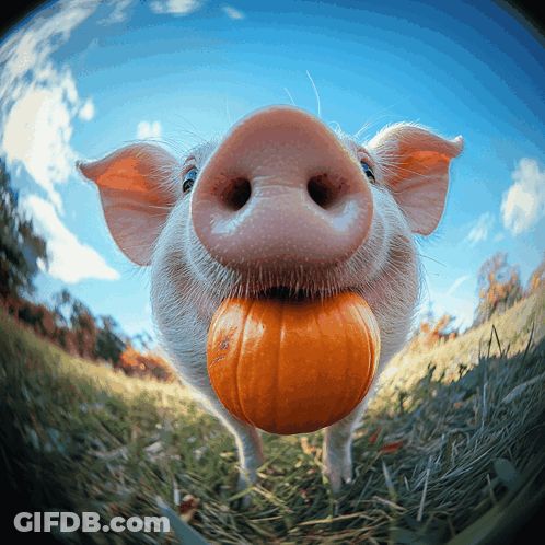 A Pig Holds A Pumpkin In Its Mouth And Looks At The Camera GIF