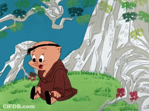 A Pig In A Monk Costume Is Sitting In The Grass Near A Tree GIF