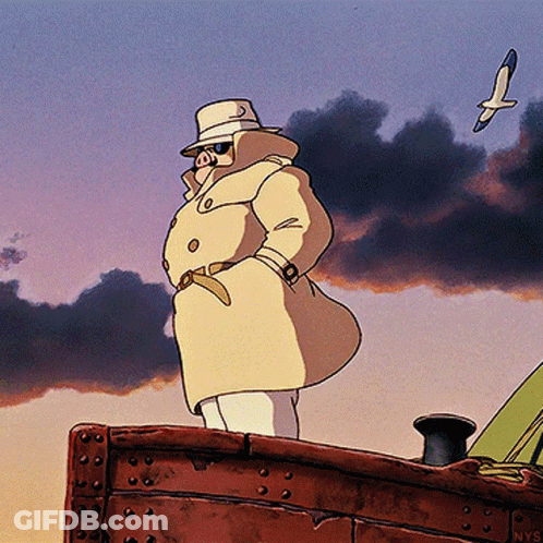 A Pig In A Trench Coat And Hat Stands On A Boat GIF