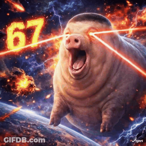 A Pig Is Flying Through Space With The Number 67 In The Background GIF