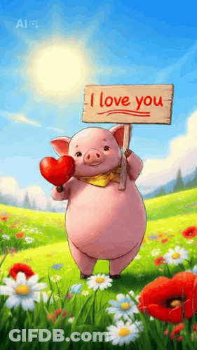 A Pig Is Holding A Sign That Says I Love You And A Heart . GIF