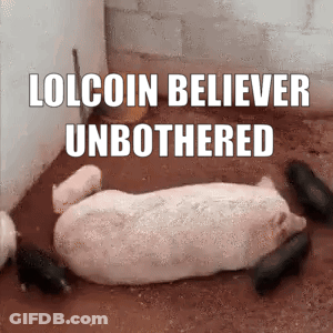 A Pig Laying On The Ground With The Words Lolcoin Believer Unbothered Written Above It GIF