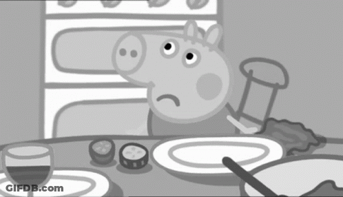 A Pig Sits At A Table With Plates And A Glass Of Wine GIF