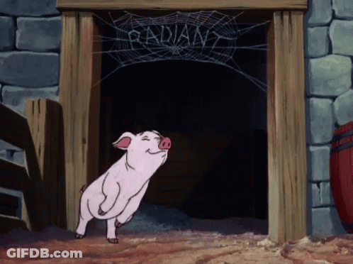 A Pig Standing In Front Of A Sign That Says Radiant GIF