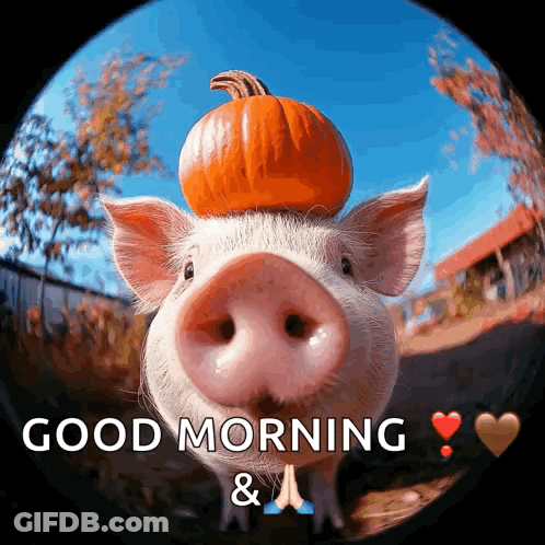 A Pig With A Pumpkin On Its Head Says Good Morning & A Person GIF