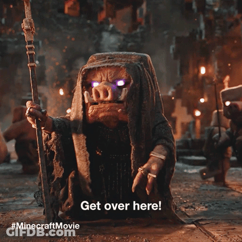 A Pig With Purple Eyes Is Holding A Stick And Says " Get Over Here " GIF