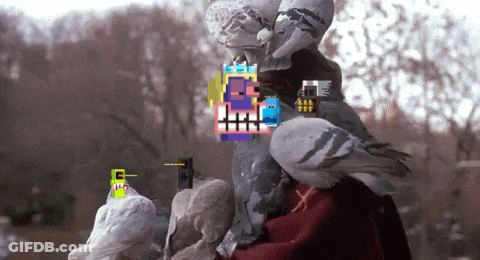 A Pigeon Is Sitting On A Person 'S Shoulder With A Pixelated Image Of A Man Behind It GIF