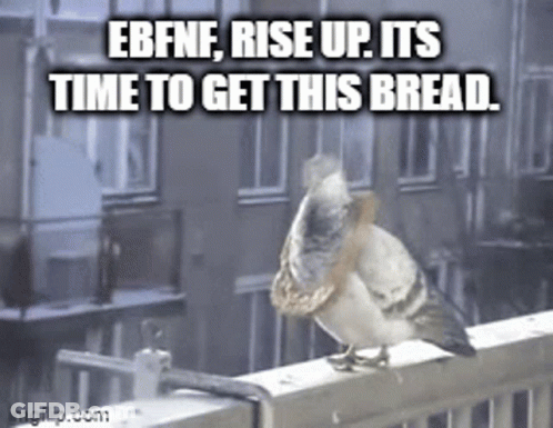A Pigeon Is Sitting On A Railing With A Caption That Says Ebfnf Rise Up Its Time To Get This Bread . GIF
