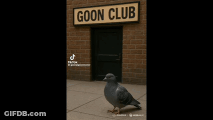 A Pigeon Is Standing In Front Of A Building With A Sign That Says Goon Club GIF