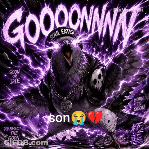 A Pigeon Wearing A Hat That Says Soul Eater And A Necklace That Says Goon Life GIF