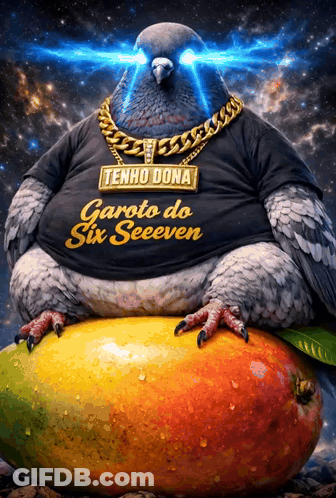 A Pigeon Wearing A Shirt That Says Tenho Dona Garoto Do Six Seeeven GIF