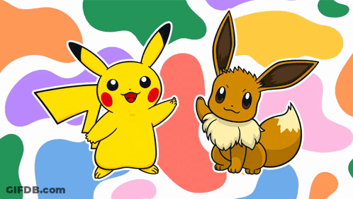 A Pikachu And An Eevee Are Standing Next To Each Other GIF