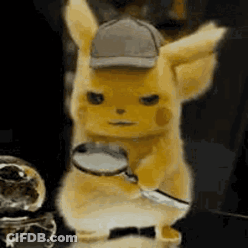A Pikachu Doll Is Holding A Magnifying Glass And A Knife . GIF