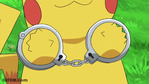 A Pikachu Is Wearing Handcuffs With The Letter L On It GIF