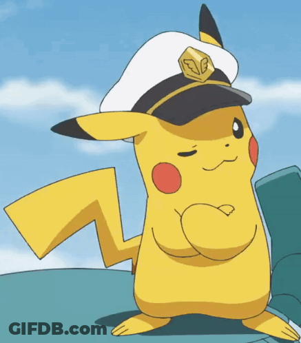 A Pikachu Wearing A Captain 'S Hat With A Wing On It GIF