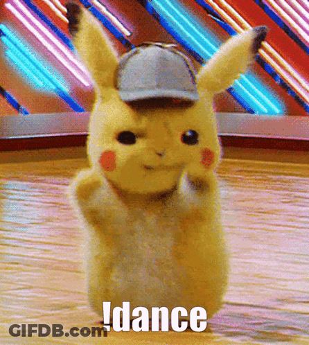 A Pikachu Wearing A Hat Is Dancing With The Words Idance Behind Him GIF