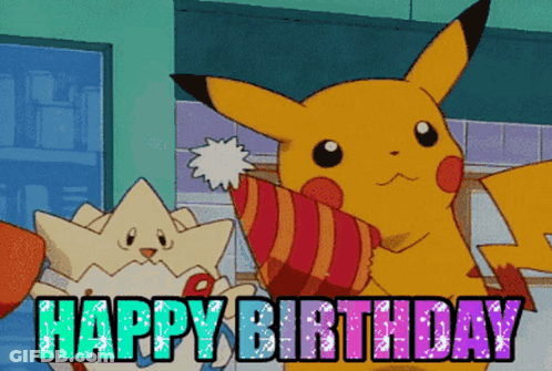 A Pikachu Wearing A Party Hat With The Words Happy Birthday Below It GIF
