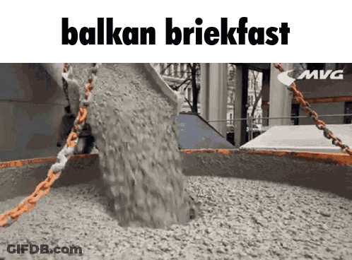 A Pile Of Concrete Is Being Poured Into A Container With The Words ' Balkan Briekfast ' Written On The Bottom GIF