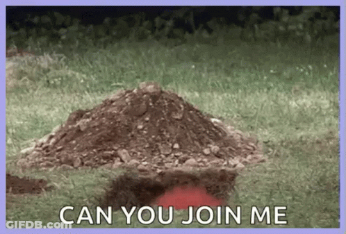 A Pile Of Dirt In The Grass With The Words `` Can You Join Me '' Above It . GIF