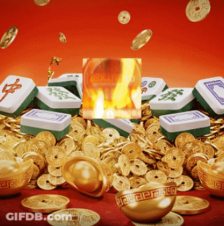 A Pile Of Gold Coins And Mahjong Tiles With A Picture Of A Fire Behind Them GIF