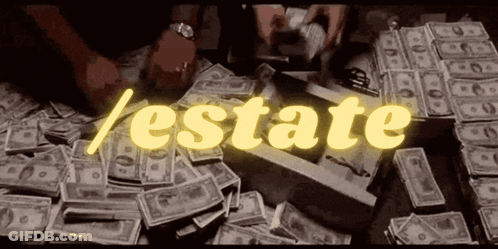 A Pile Of Money With The Word Estate In Yellow GIF