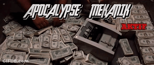 A Pile Of Money With The Words " Apocalypse Mekatik " On It GIF