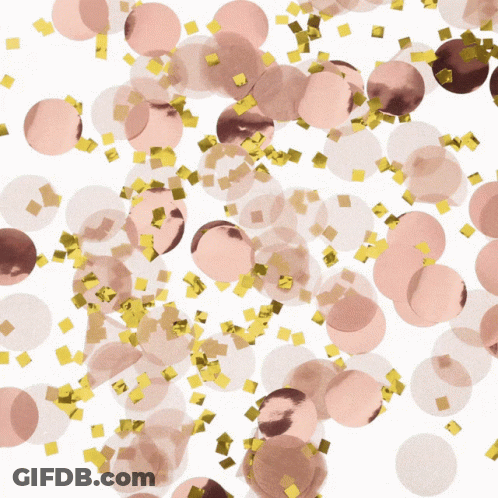 A Pile Of Pink And Gold Confetti Against A White Background GIF