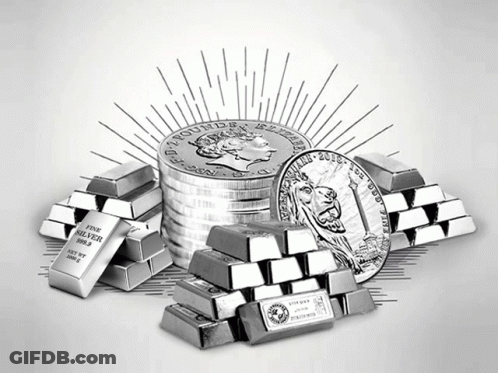 A Pile Of Silver Bars And Coins Including A Coin That Says ' Liberty ' On It GIF