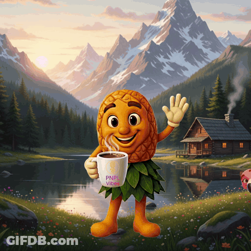 A Pineapple Holding A Cup Of Pnpi Vibe Coffee GIF