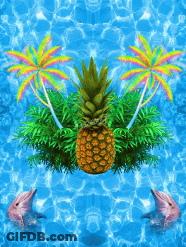 A Pineapple Is Surrounded By Palm Trees And Two Dolphins GIF