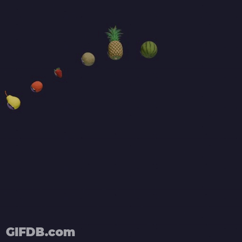 A Pineapple Melon And Watermelon Are Floating In The Air On A Dark Background GIF