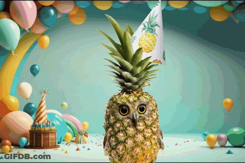 A Pineapple Owl Wearing A Pineapple Hat Stands In Front Of Balloons GIF