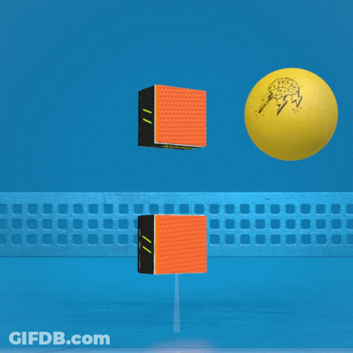 A Ping Pong Net With A Yellow Ball And Two Boxes That Say Strasse GIF