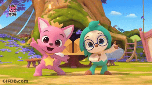 A Pink And A Green Cartoon Character Are Dancing In Front Of A Tree .. GIF