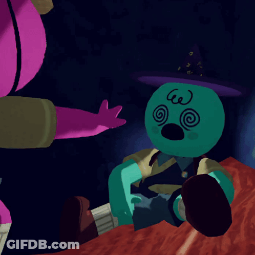 A Pink And A Green Cartoon Character With A Swirl On Their Face GIF