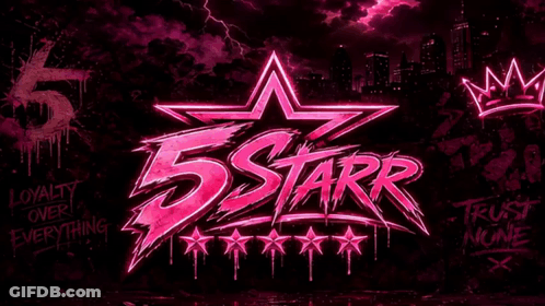 A Pink And Black Logo For 5 Starr With A City In The Background GIF