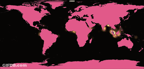 A Pink And Black Map Of The World With The Year 2010 At The Bottom GIF