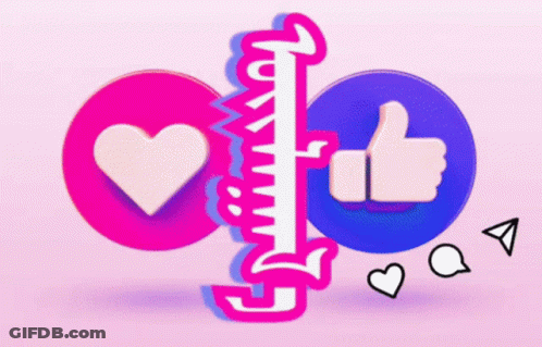 A Pink And Blue Circle With A Heart And A Thumbs Up On It GIF
