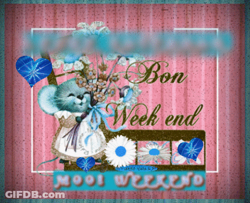 A Pink And Blue Greeting Card That Says Bon Week End Mooi Weekend GIF