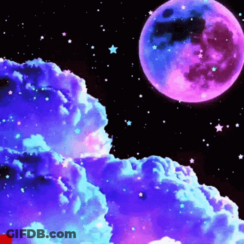 A Pink And Blue Moon Is Surrounded By Purple Clouds GIF