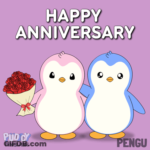 A Pink And Blue Penguin Holding A Bouquet Of Red Roses GIF