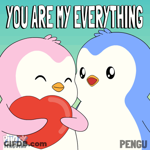 A Pink And Blue Penguin Holding A Red Heart With The Words " You Are My Everything " GIF