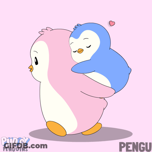 A Pink And Blue Penguin Hugging Each Other With The Name Pengu On The Bottom Right GIF