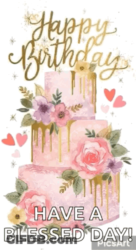 A Pink And Gold Birthday Cake With Flowers And Hearts On It GIF