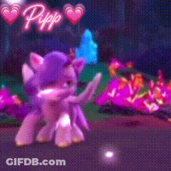 A Pink And Purple Unicorn Is Standing In Front Of Pink Flowers And A Neon Sign That Says Pippi GIF