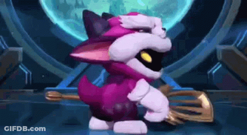 A Pink And White Cartoon Cat Is Holding A Broom In Its Mouth . GIF