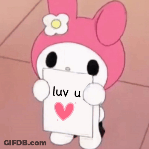 A Pink And White Cartoon Character Is Holding A Sign That Says Luv U GIF