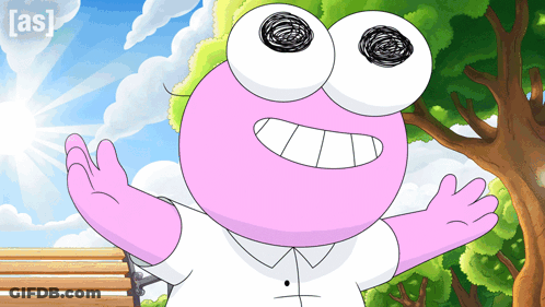 A Pink And White Cartoon Character Is Standing In Front Of A Bench With The Sun Shining Through The Clouds GIF